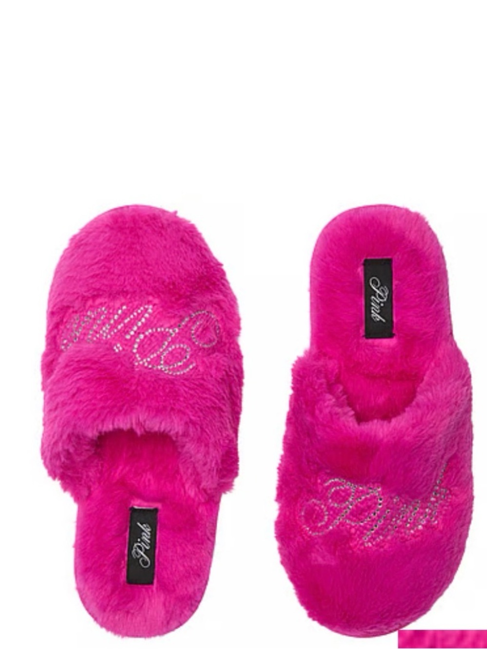 New Victorias Secret PINK Slippers Faux Fur Bling Logo Size Small 5/6 Cozy NWT